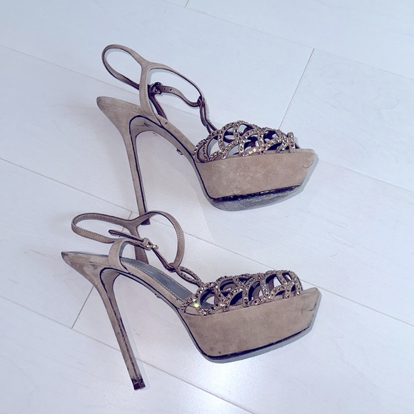 Sergio Rossi Beige Suede Rhinestone Embellished Platform Stiletto Sandals - Picture 3 of 4